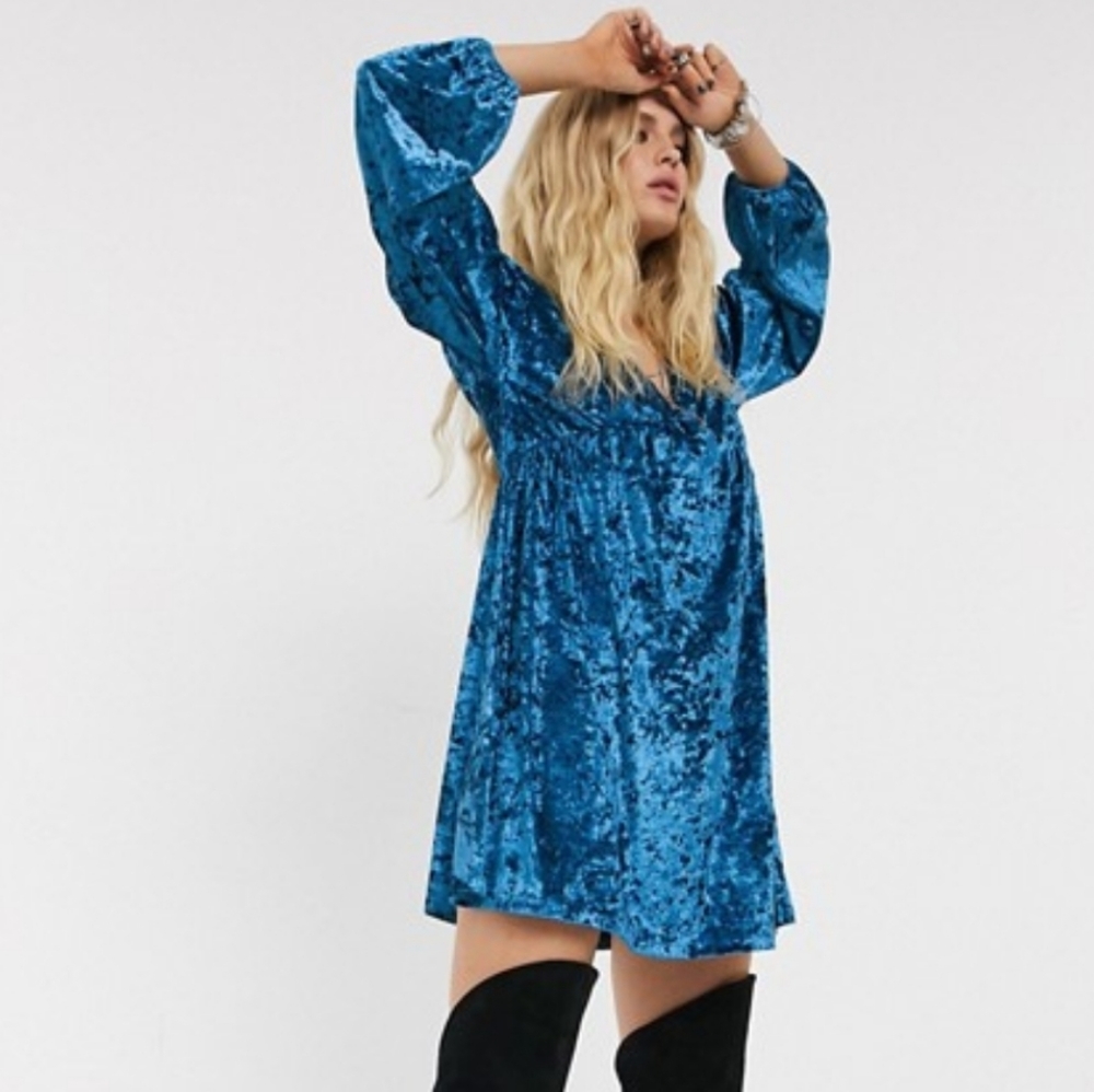 Asos Crushed Blue Velvet Mini smock Dress